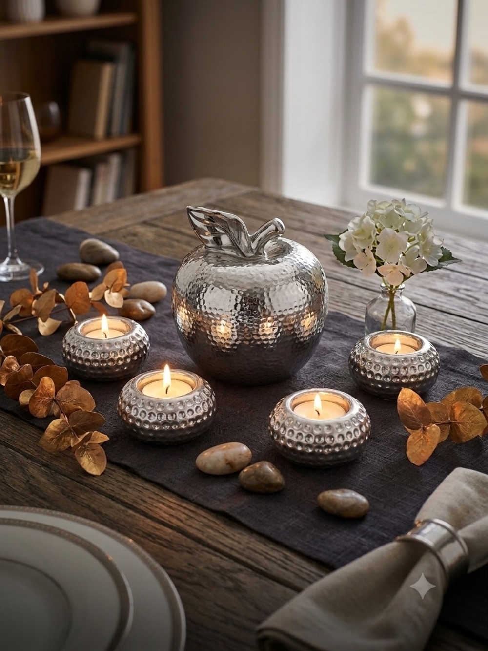 Hammered Silver Decorative Apple Figurine with 4 Matching Votive Candle Holders